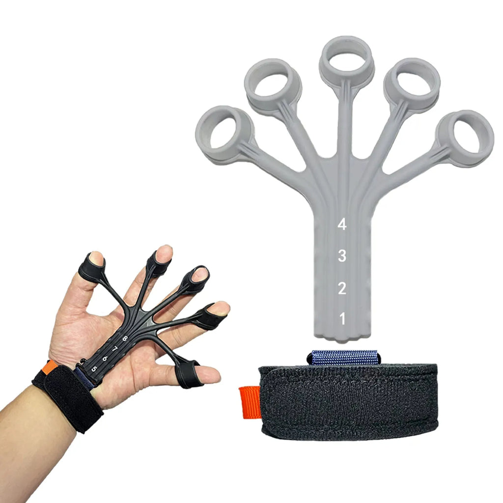 Silicone finger flexion and extension trainer with adjustable bands for rehabilitation and abdominal tensioning