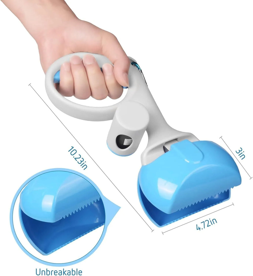 Black pet pooper scooper with built-in trash bag holder made of ABS plastic on a grass lawn.