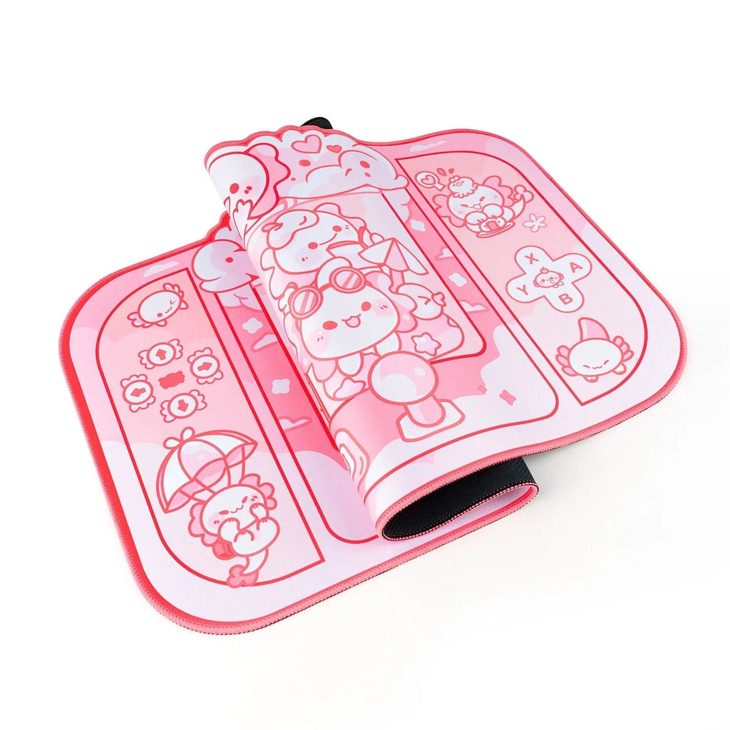Hexagonal dragon crane machine cartoon anime large cloth mouse pad on a desk.