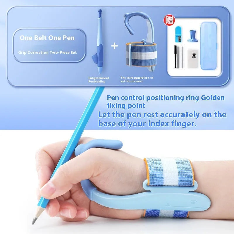 Blue and pink anti-hook wrist brace pen grip corrector for children's handwriting, made from white ABS nylon.