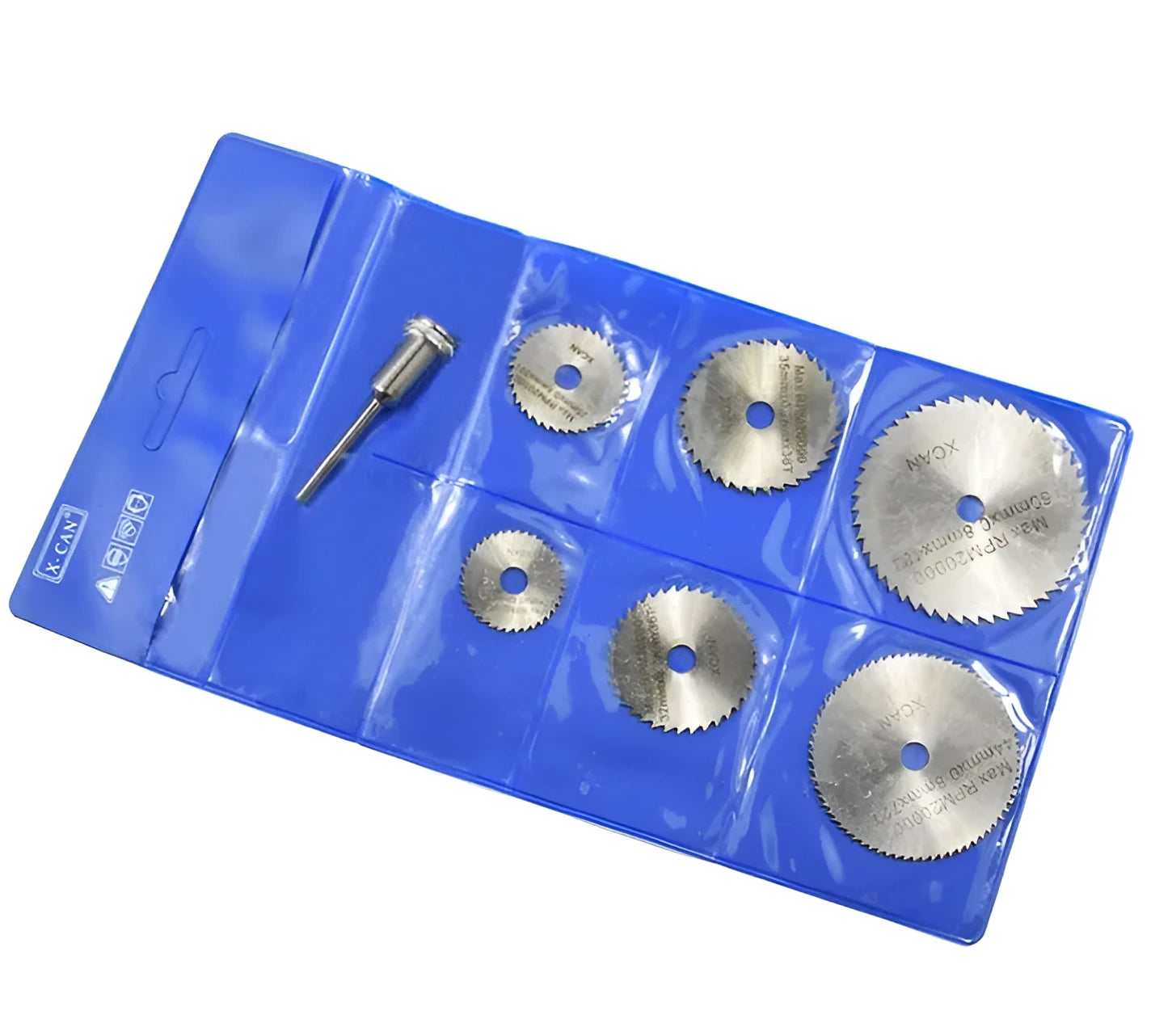 Set of six circular metal saw blades with a central mandrel hole on a white background
