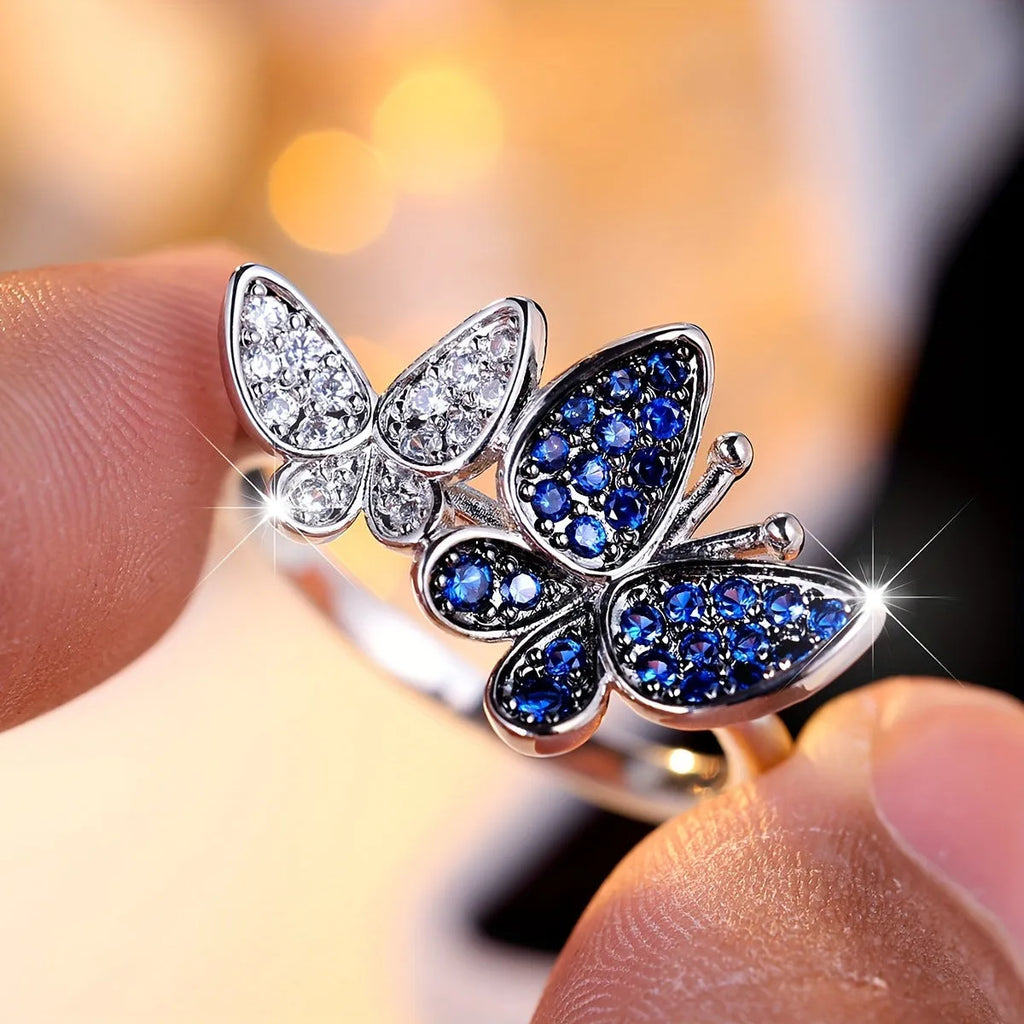 Blue and white butterfly ring for women on copper base with electroplated finish