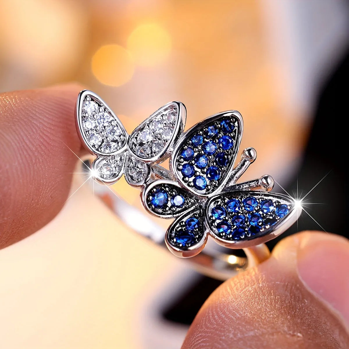 Blue and white butterfly ring for women on copper base with electroplated finish