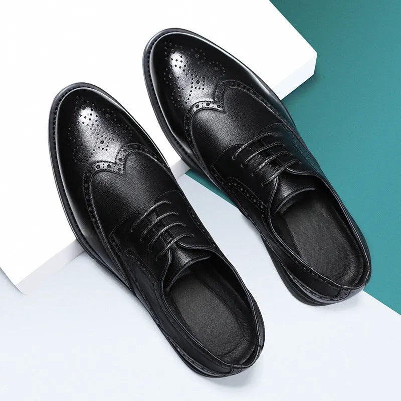 Men's black and brown brogue business shoes with traditional detailing and PU leather construction