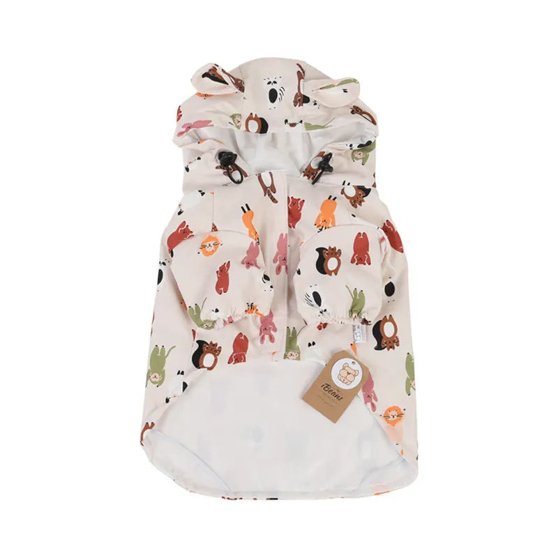 Beige cartoon design dog raincoat waterproof PU material pet clothing