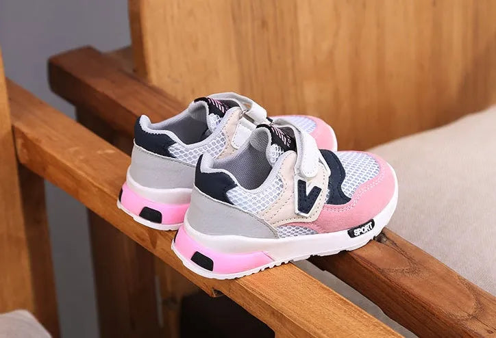 Girls summer mesh running shoes with TPR sole, grey colour, side view showing V-shaped design and breathable upper
