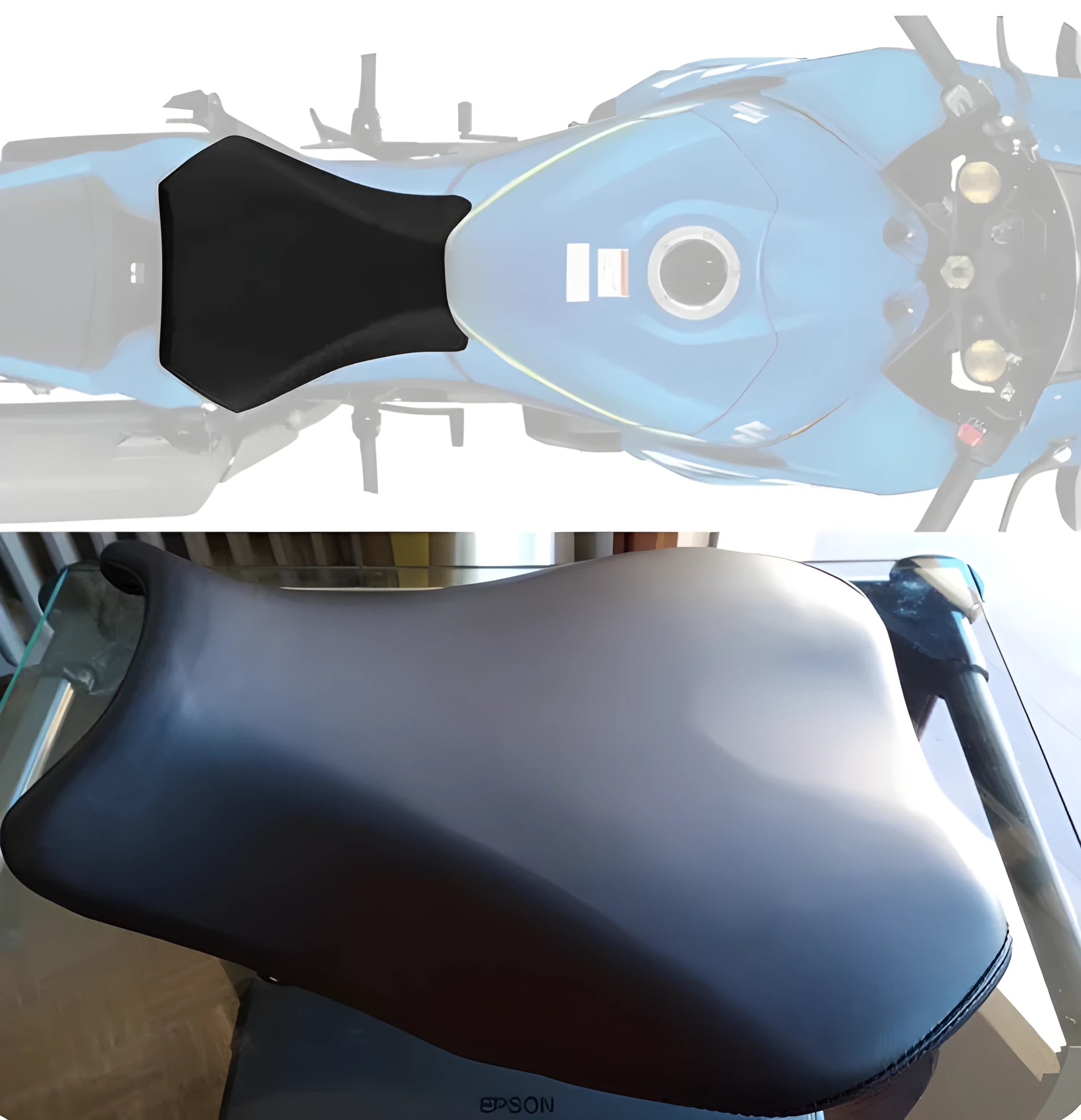 Black PU leather seat protector bag fitted on a Suzuki GSXR1000 motorcycle seat