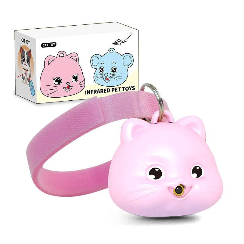 Rechargeable remote control cat toy with infrared halter collar, USB cable, and adjustable collar in pink or blue colours