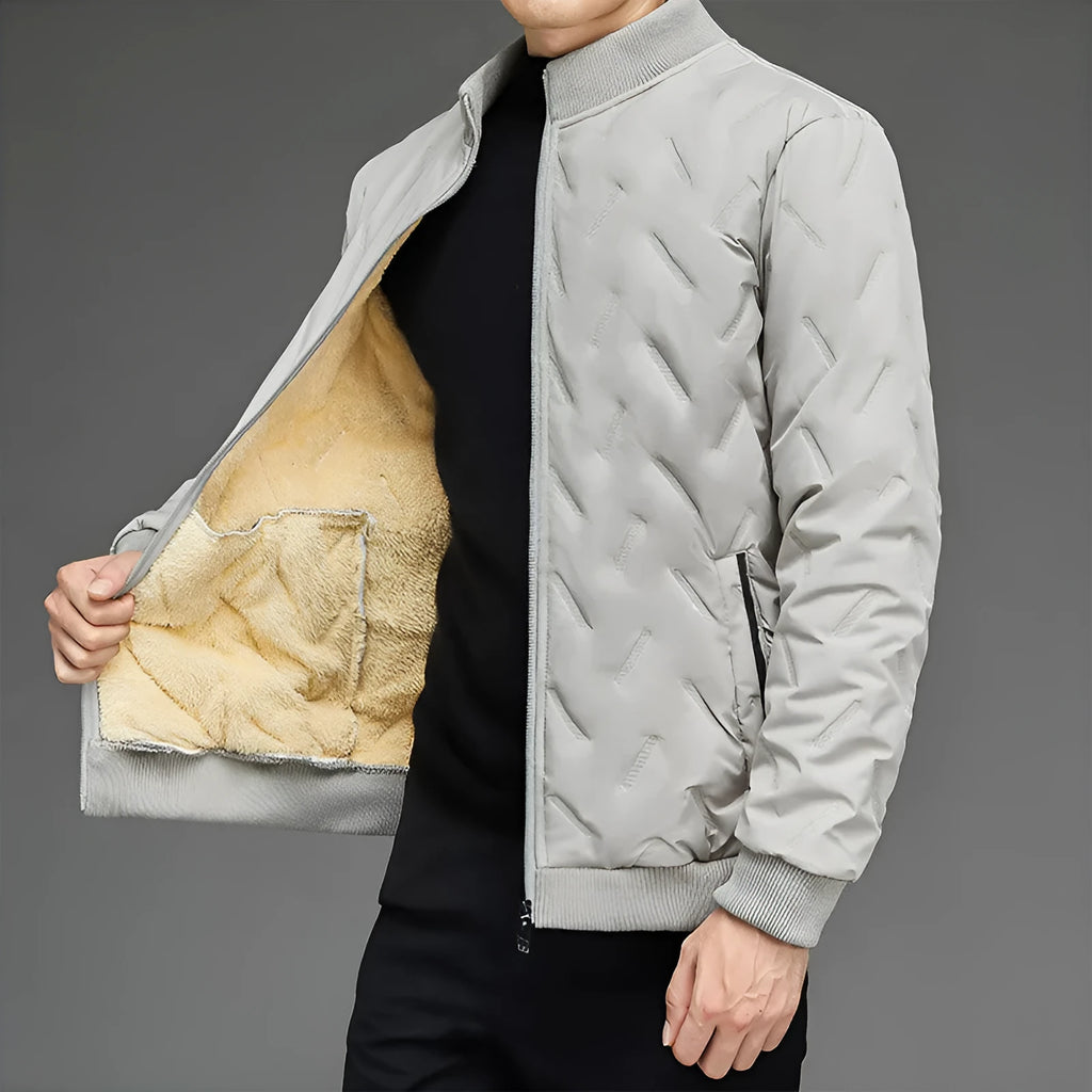 Men's fleece-lined stand collar cotton-padded coat in khaki, polyester fill, cold weather wear