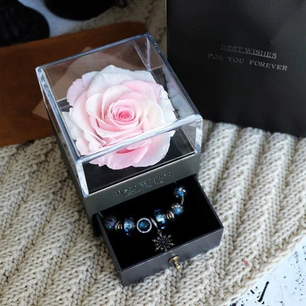 Eternal flower gift box with artificial roses, measuring 8.5cm wide and 10.5cm high