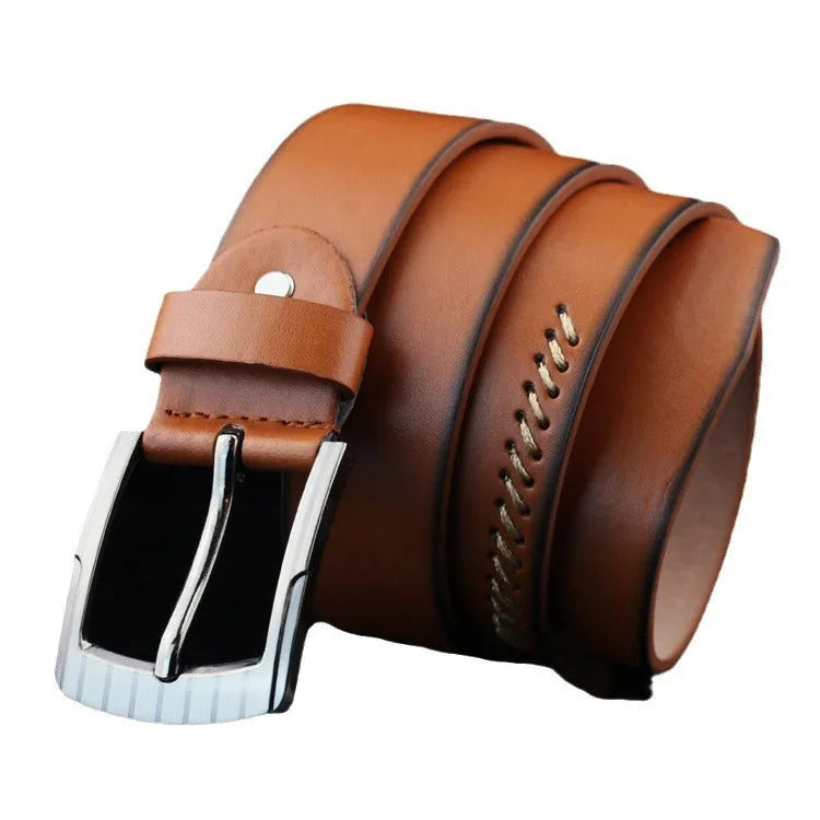 Men's retro-style pin buckle belt in imitation leather with patterned detail, alloy buckle, shown in black colour.