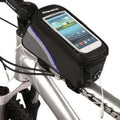 ROSWHEEL PVC bicycle frame bag for iPhone mounted on bike handlebars in blue colour