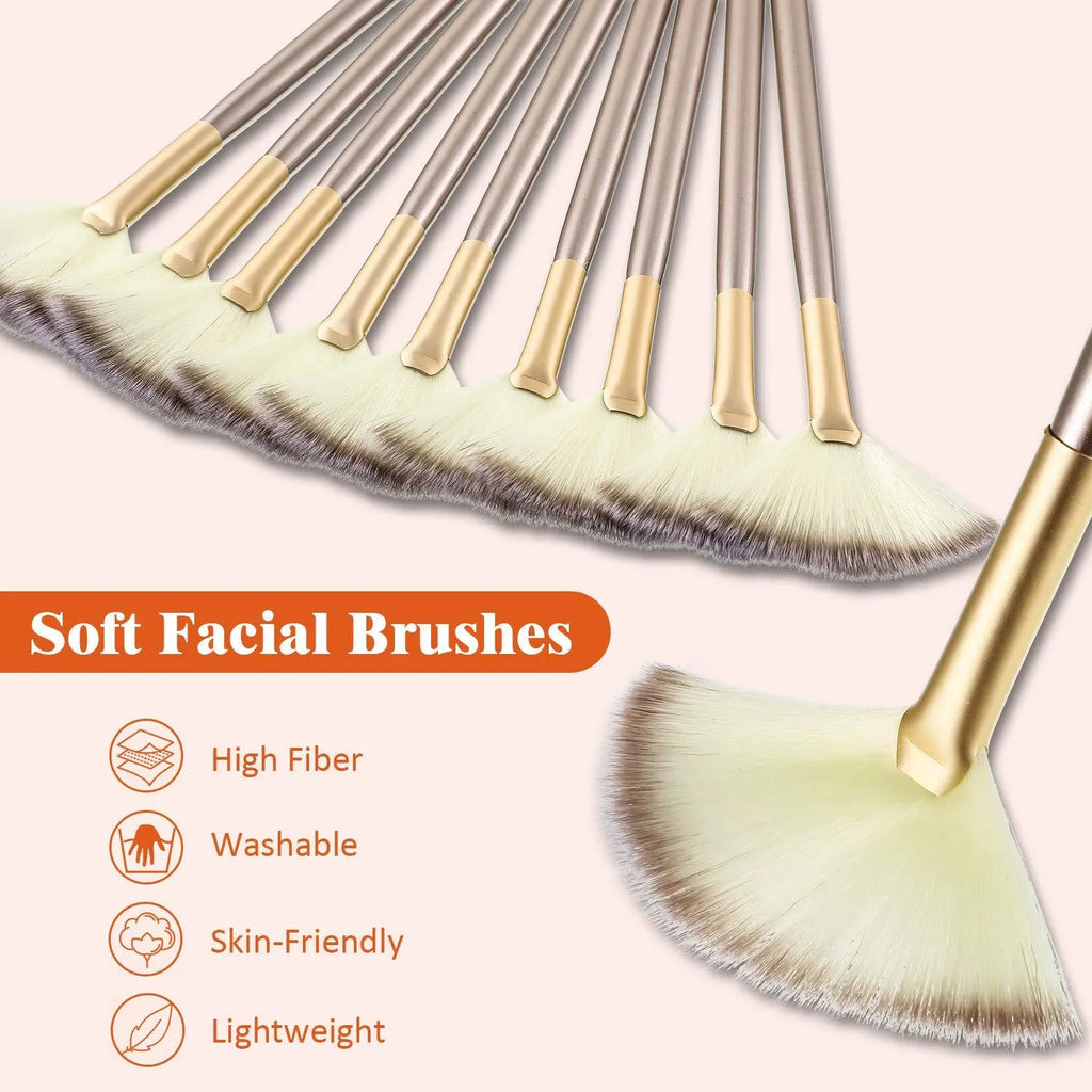 10 professional facial fan brushes with champagne handles and protective covers