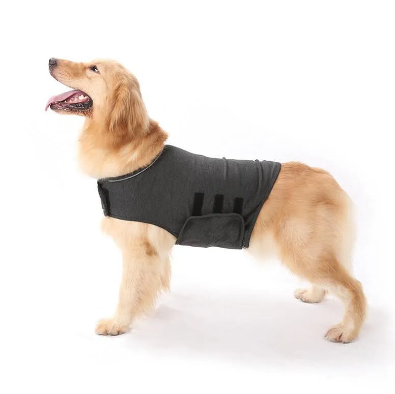 Dog anxiety comfort coat in double-sided cloth, available in blue, dark grey, green and rose red, sizes XS to XL.