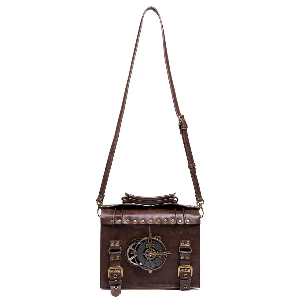 Bronze steampunk shoulder bag with metal hardware and horizontal square pillow design
