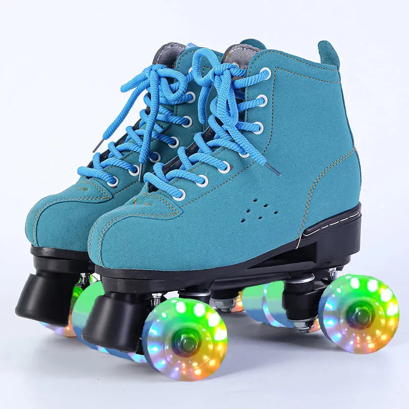 Blue leather roller skates with black double PU wheels and rubber sole