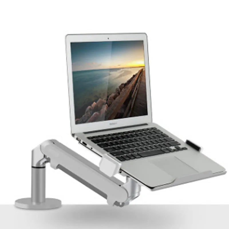 Silver aluminium laptop stand with an adjustable air-pressure arm holding a notebook