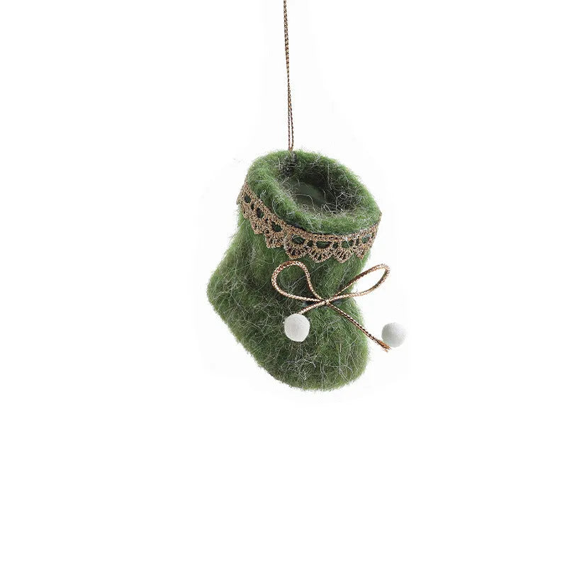Plush Christmas tree ornament in red or green boot or glove shape, plastic and plush hanging decoration