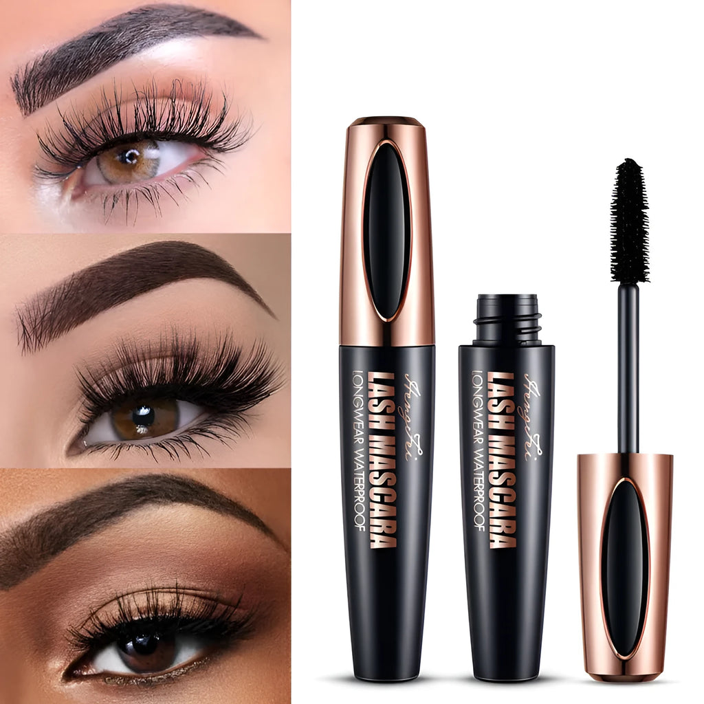 Black waterproof mascara tube creating thick, long curled lashes with sweat and smudge resistance