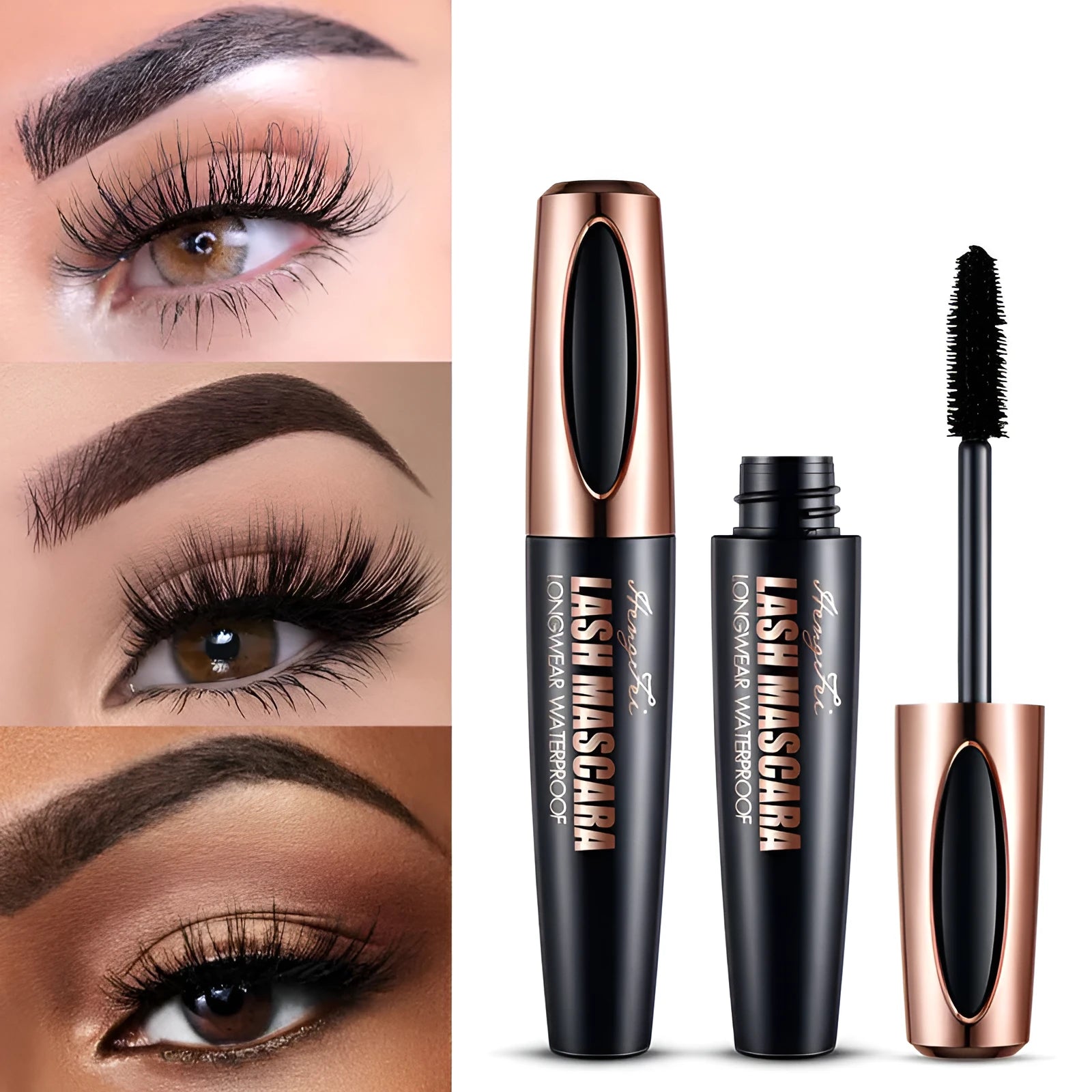 Black waterproof mascara tube creating thick, long curled lashes with sweat and smudge resistance