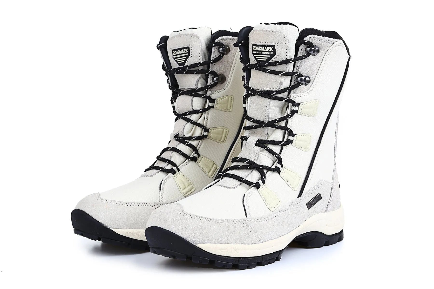 Women's black genuine leather mid-calf snow boots with round toe and thermal lining on a white background.