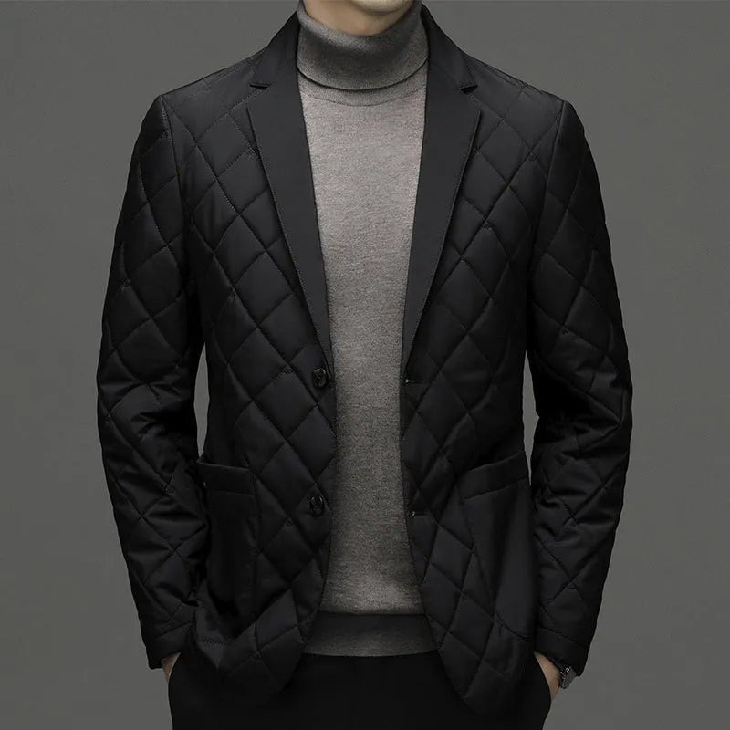 Men's black lapel cardigan-style down jacket with side seam pockets.
