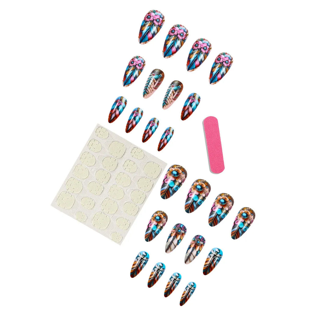 European American retro nail art set with colourful feather armour designs