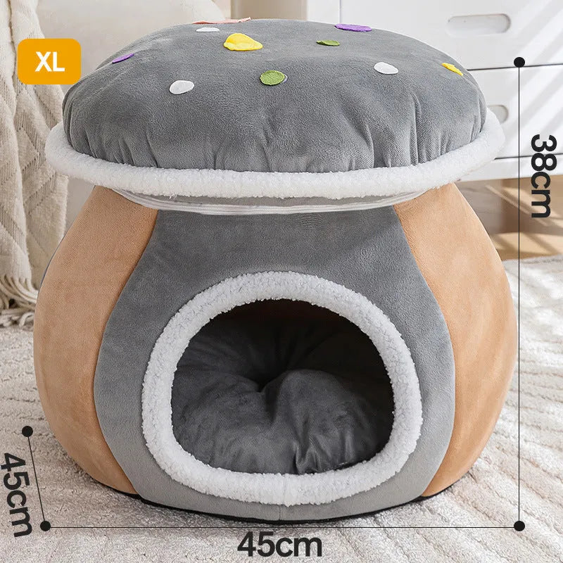Grey mushroom-shaped plush cat bed with a detachable blanket inside, showing enclosed design.