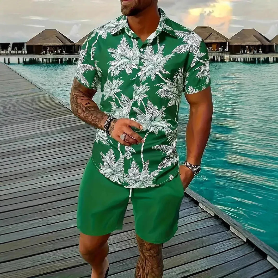 Men's 3D printed Hawaiian pattern short sleeve shirt and matching shorts co-ord set.