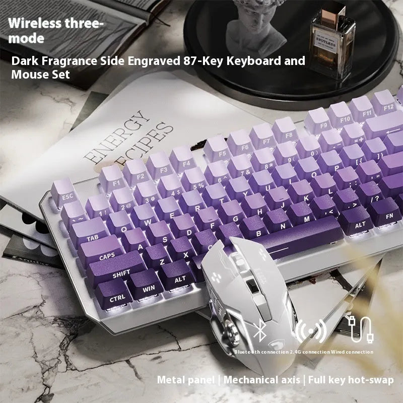 87-key wired mechanical keyboard with side-engraved keycaps, silver white finish, compact layout