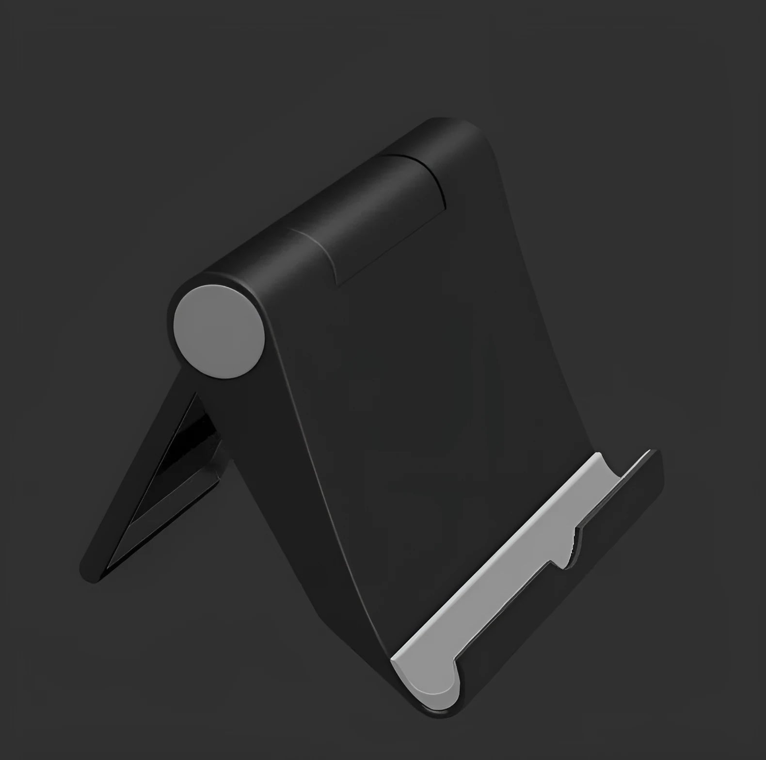 Black PE folding tablet stand holding a mobile phone at an adjustable viewing angle on a wooden desk.