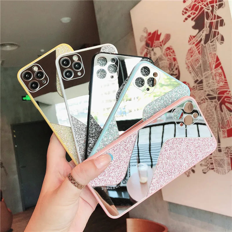 Glitter mirror phone case with rhinestone decoration for Apple iPhone in black, blue and pink colour options