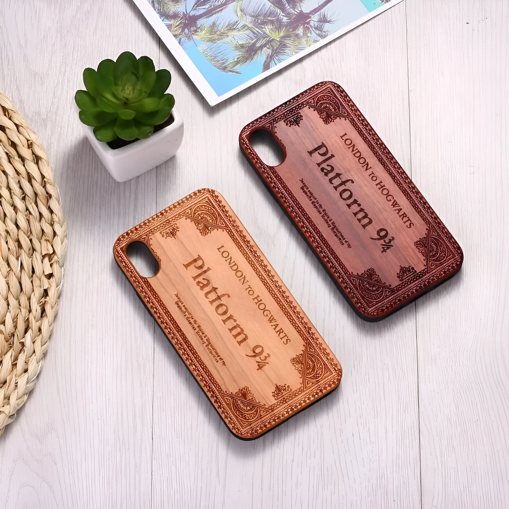 Wooden iPhone case with TPU bumper showing laser-carved animal design