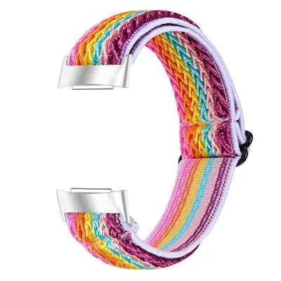 Printed elastic replacement watch strap for Fitbit Charge 6 in assorted colours on a white background