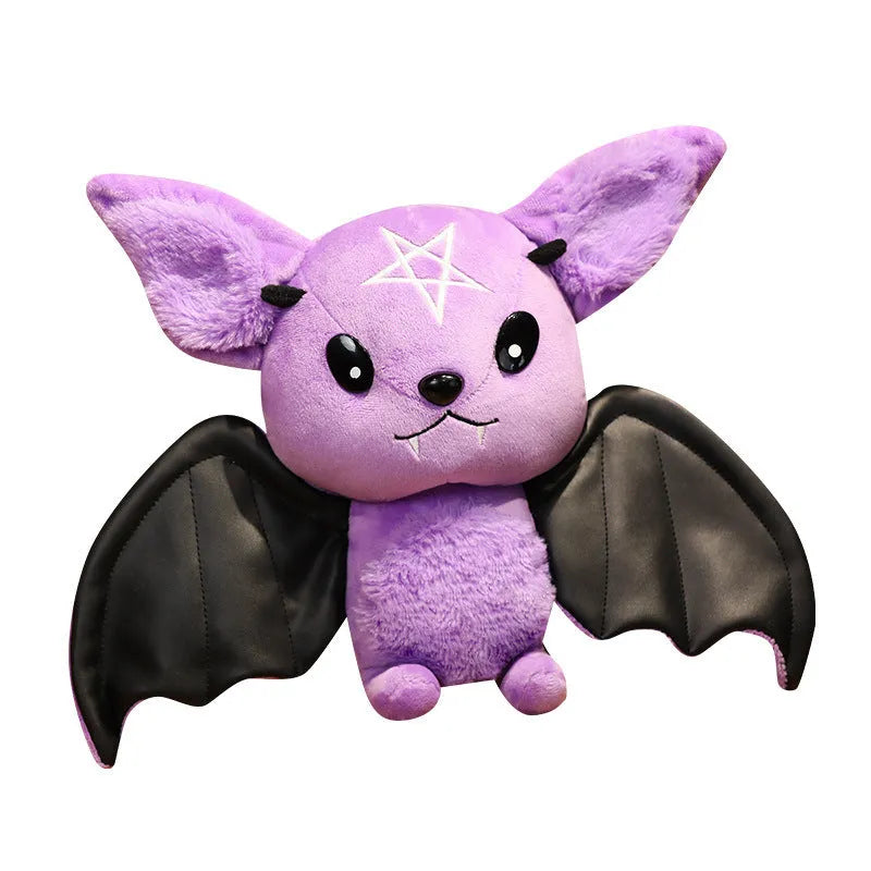 Purple and black short plush bat toys with PP cotton filling, 30cm and 45cm sizes, on a light background