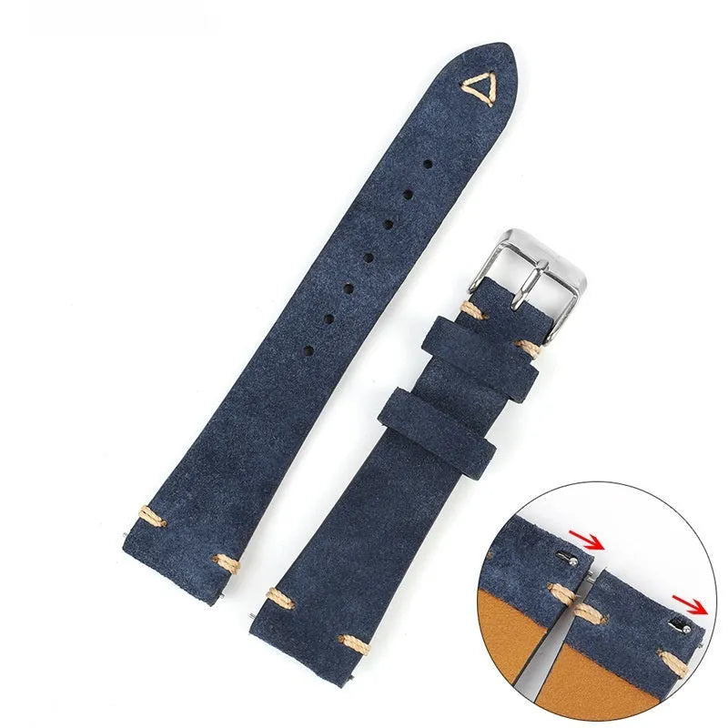 Genuine suede leather watch strap in brown, blue, grey, or army green for 20mm or 22mm watches.