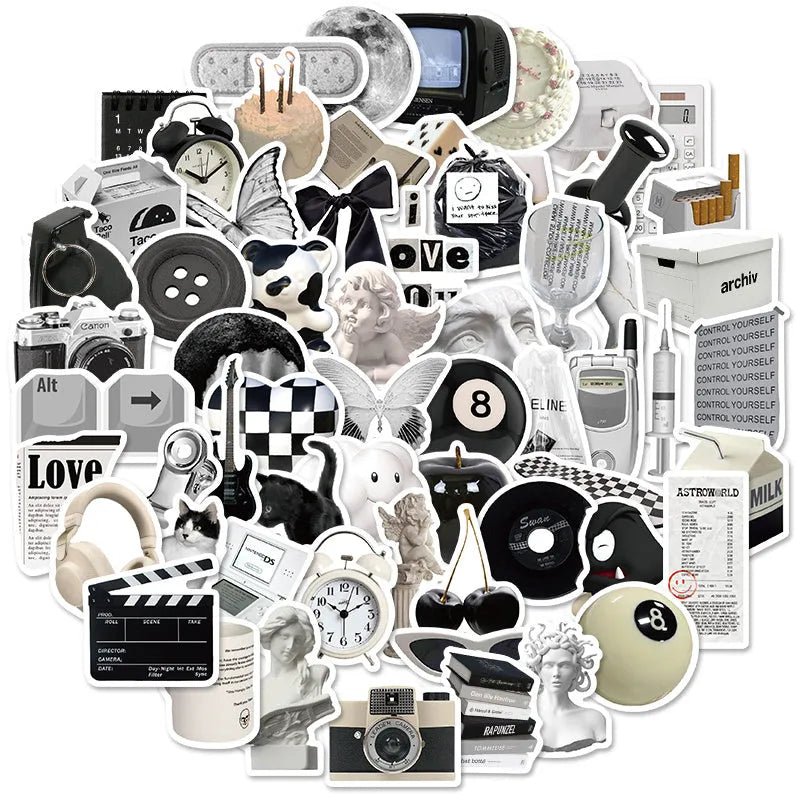 61 black and white simple style PVC vinyl stickers for laptops and phones.