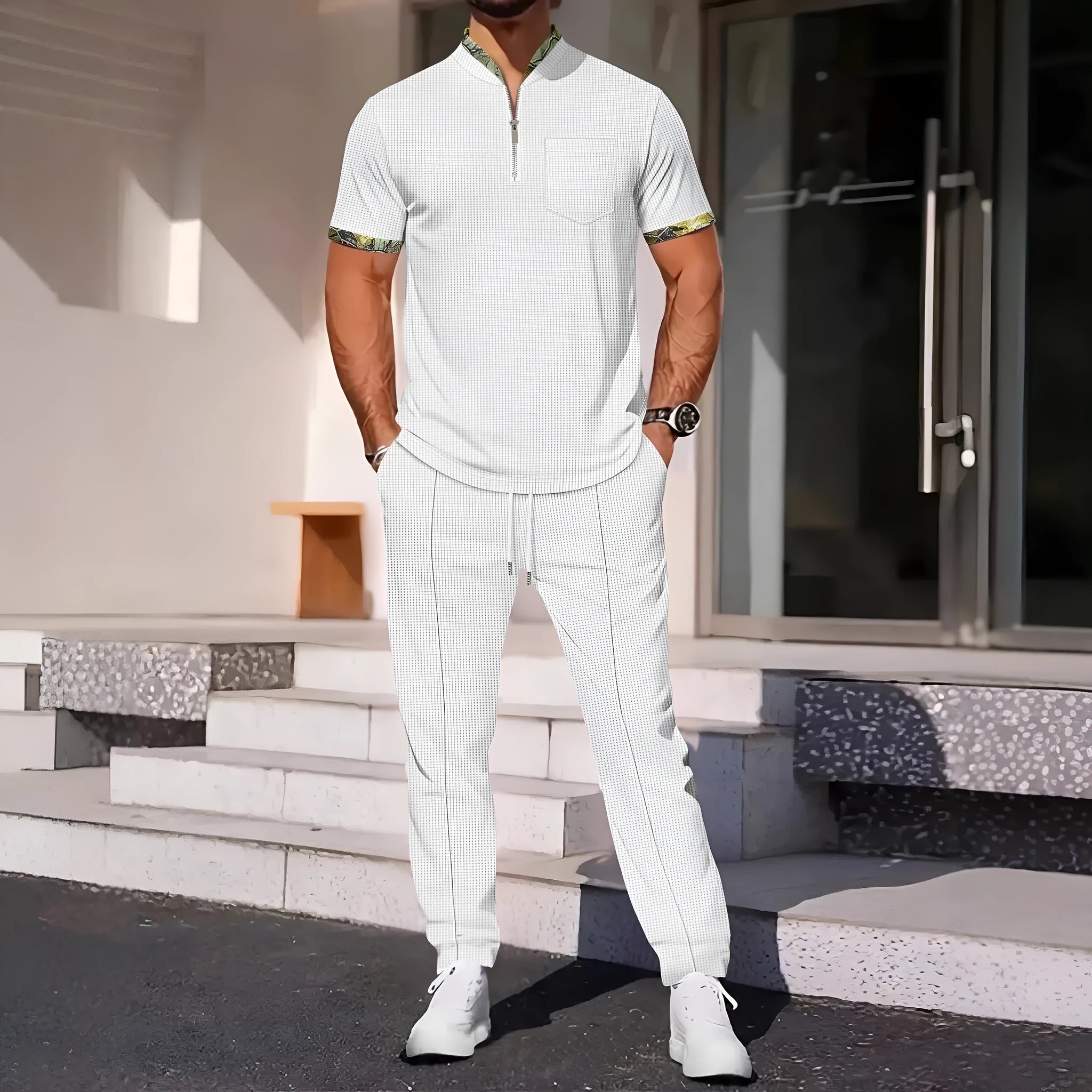 Men's colour matching casual sports suit in polyester fibre, short sleeve top and trousers, available in six colours