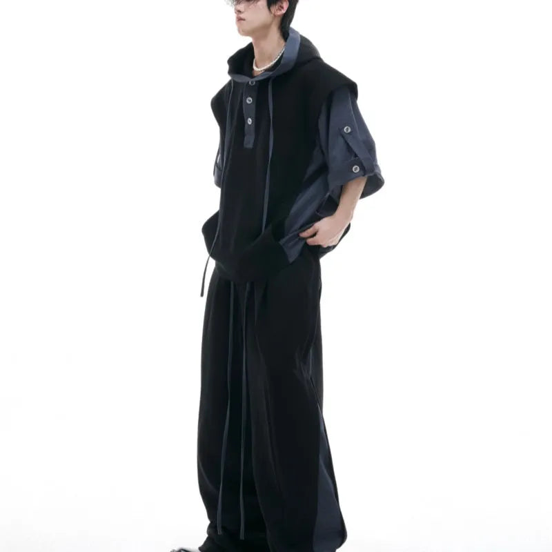 Men's black polyester hooded sports jacket with three-dimensional stitching and matching trousers