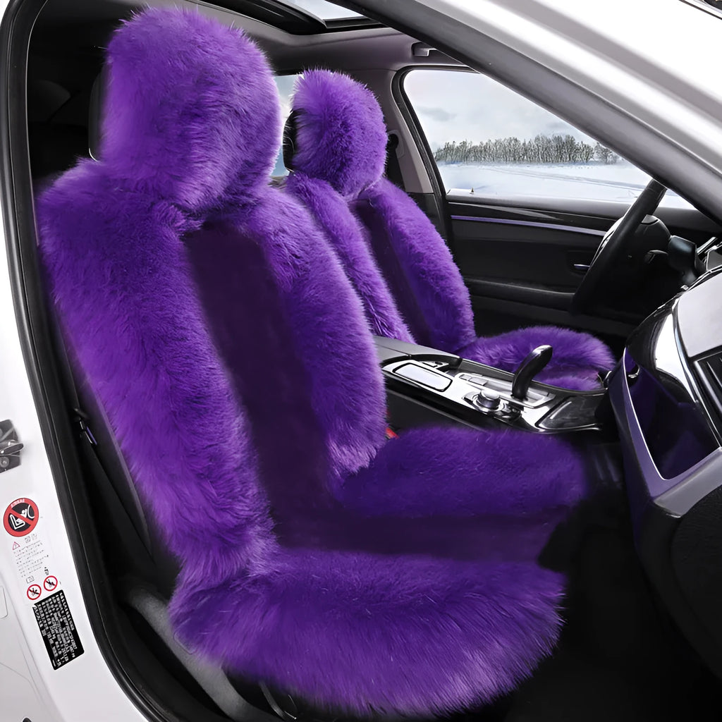Purple plush car seat cushion set for driver and passenger seats with thickened winter padding