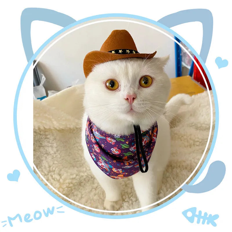 British-style brown cowboy hat for a cat with a black ribbon trim.