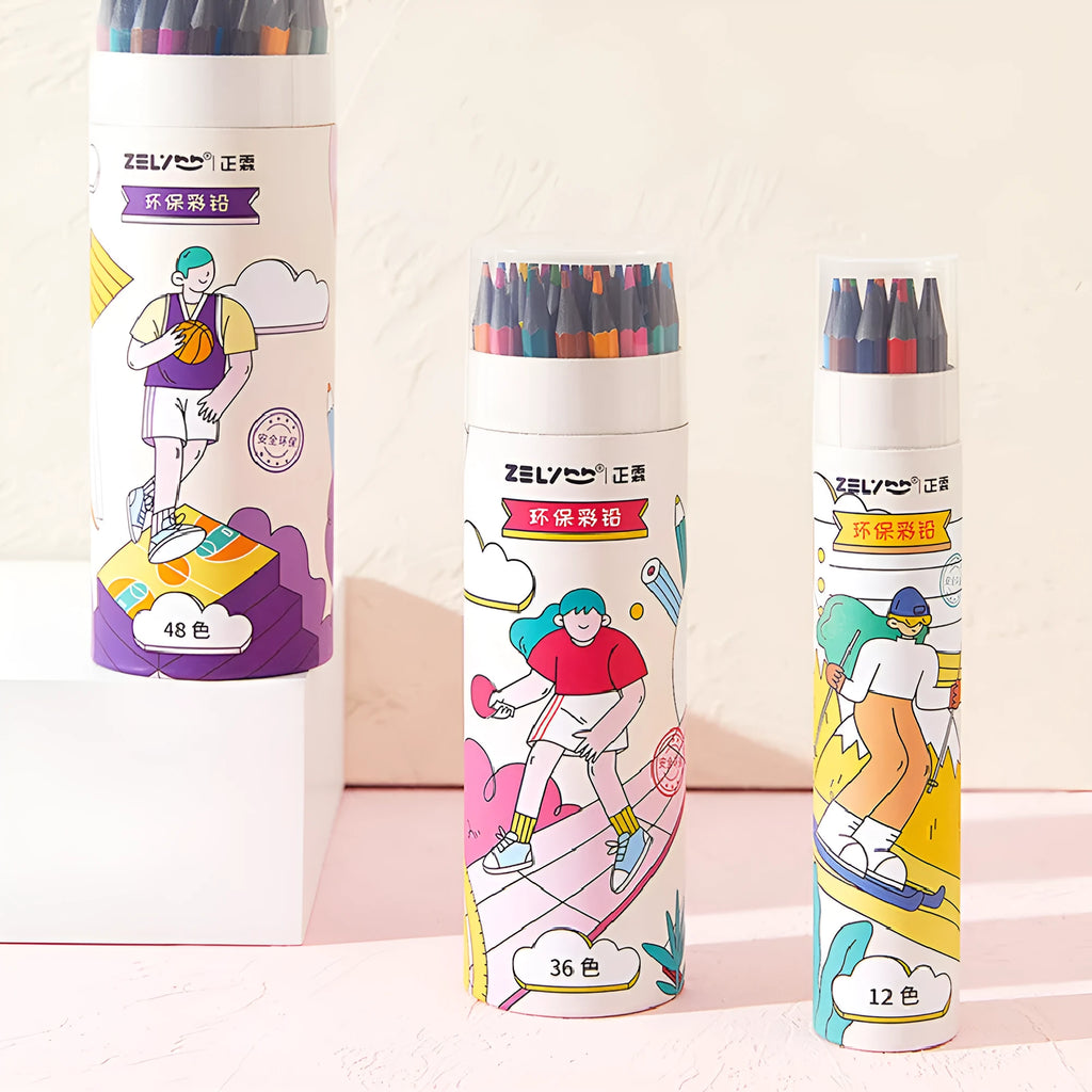 Zhenglin Sports series colour pencils in 24 and 36 colour sets for children's drawing.