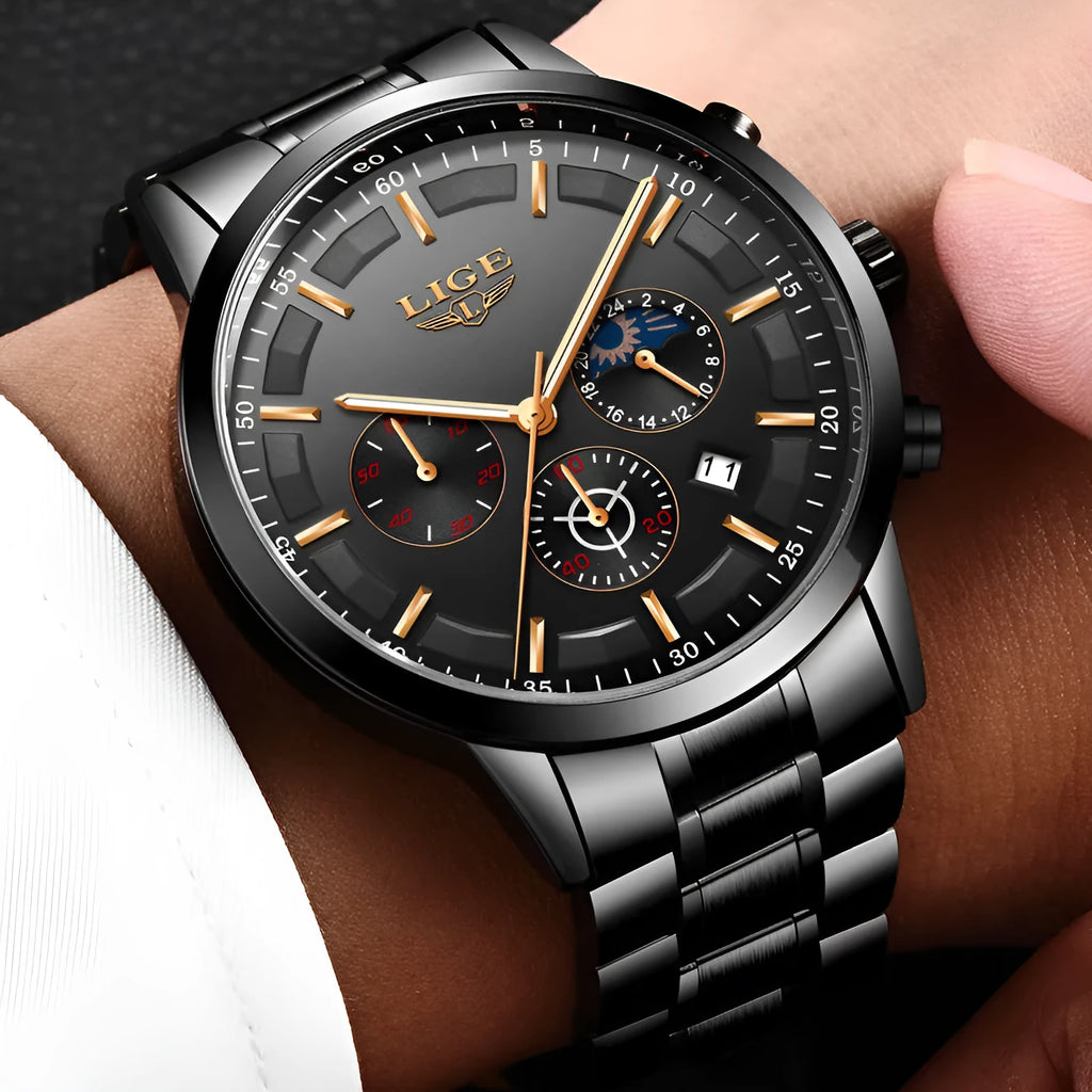 Men's black and rose red gold waterproof quartz sports watch with business styling and 12mm case