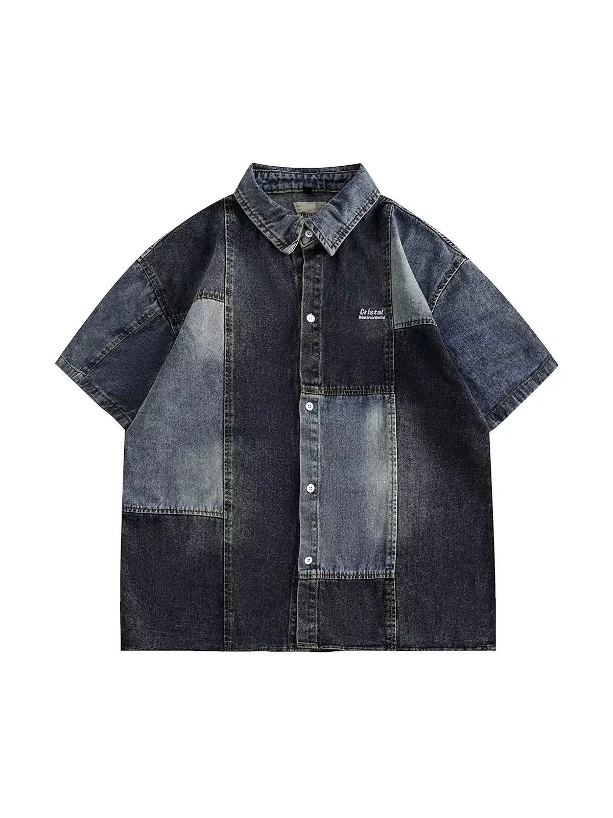 Blue men's Japanese-style retro denim shirt with washed stitching detail and loose cardigan fit