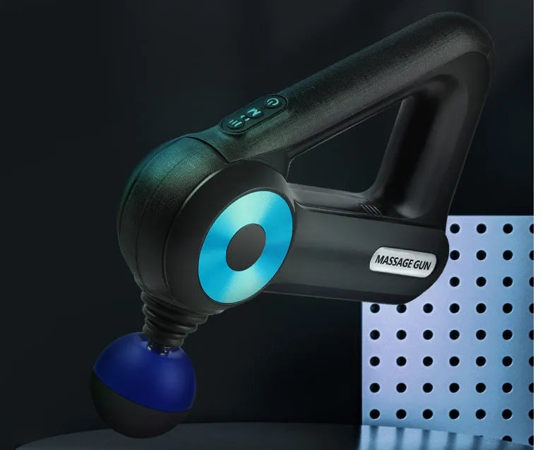 Blue fascia gun with 12 massage heads and 11mm amplitude for deep muscle relaxation