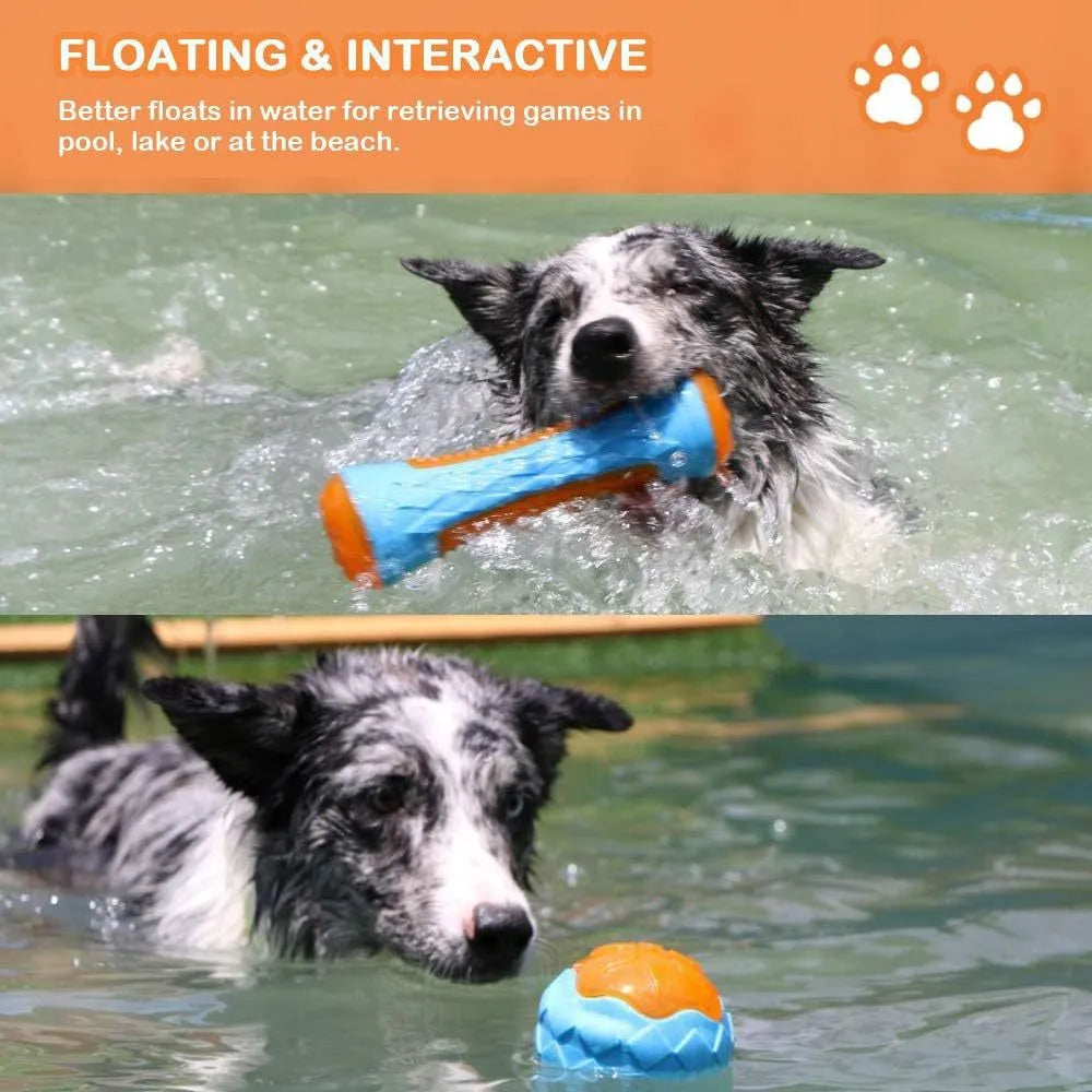 Set of three TPR dog toys: a red ball, a blue barbell, and an orange tire, floating in water.