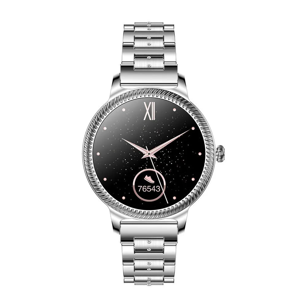 AK38 ladies smartwatch with stainless steel band and 1.09 inch colour screen.