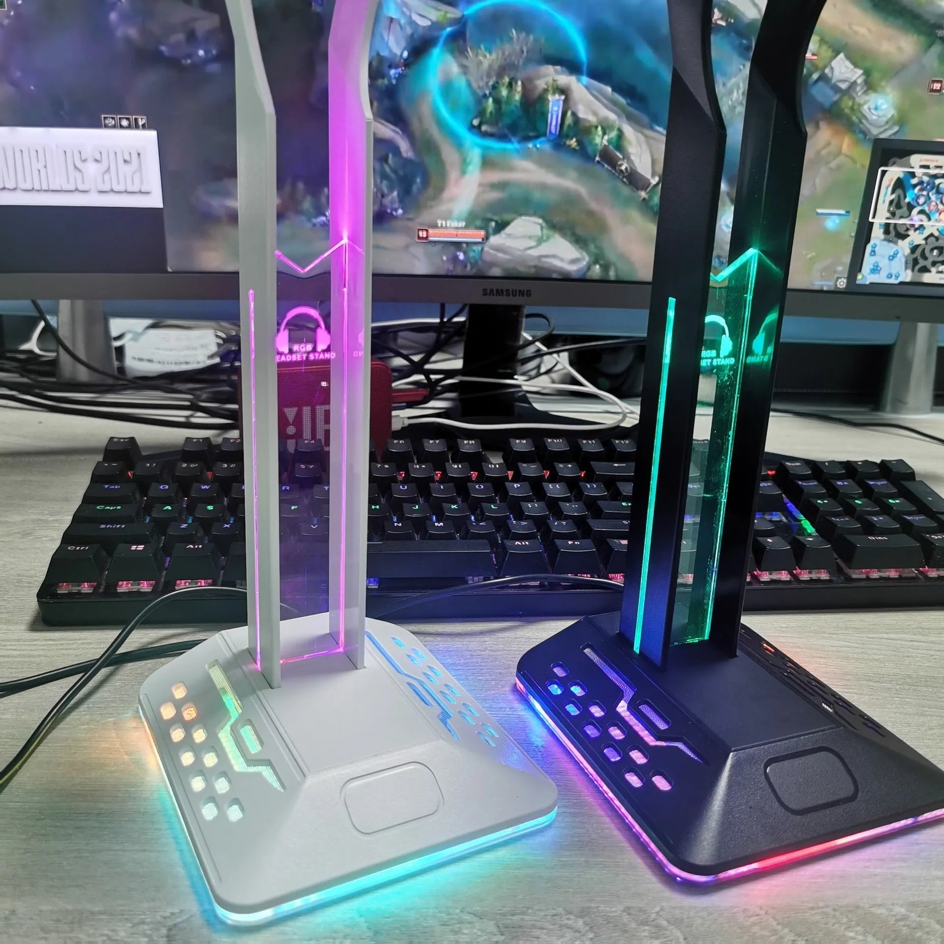 RGB illuminated headphone display stand with dual USB ports in acrylic black finish