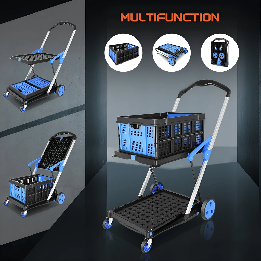 Blue foldable shopping cart with double-layer plastic baskets showing collapsed and expanded positions