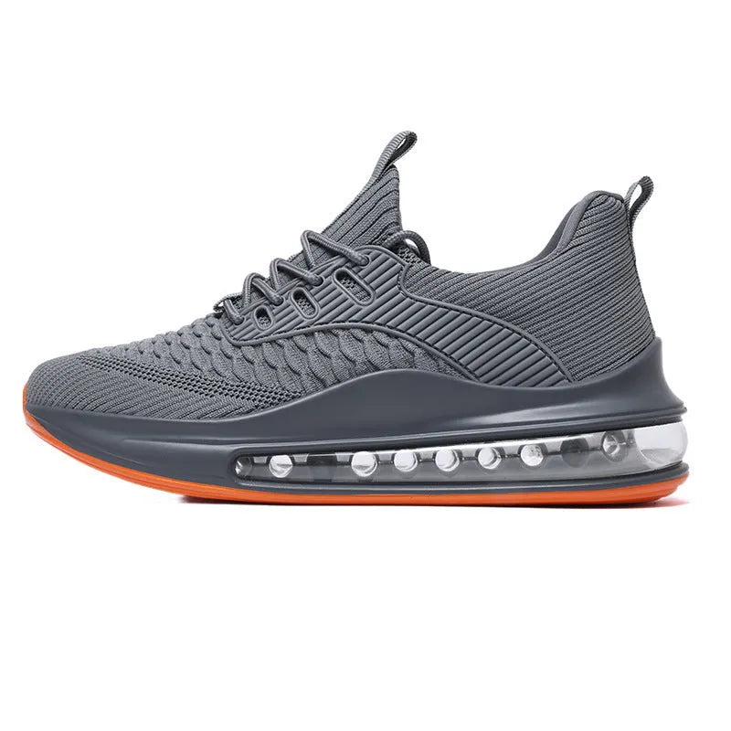 Men's black low-top mesh running shoes with a round toe and lace-up front on a white background.